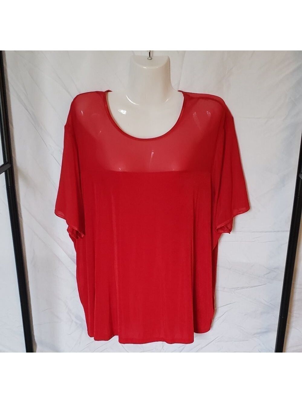 Ladies BENTLEY Short Sleeve Blouse with Sheer Neck in Red. 2X